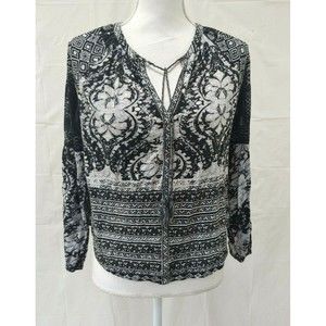 Lucky Brand Womens Top Small Cropped Tassels Blouse Long Sleeve High Low
